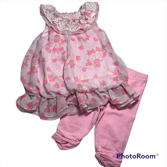 MWOT Nannette Pink Floral Print Chiffon Top With Crop Leggings Size 18M